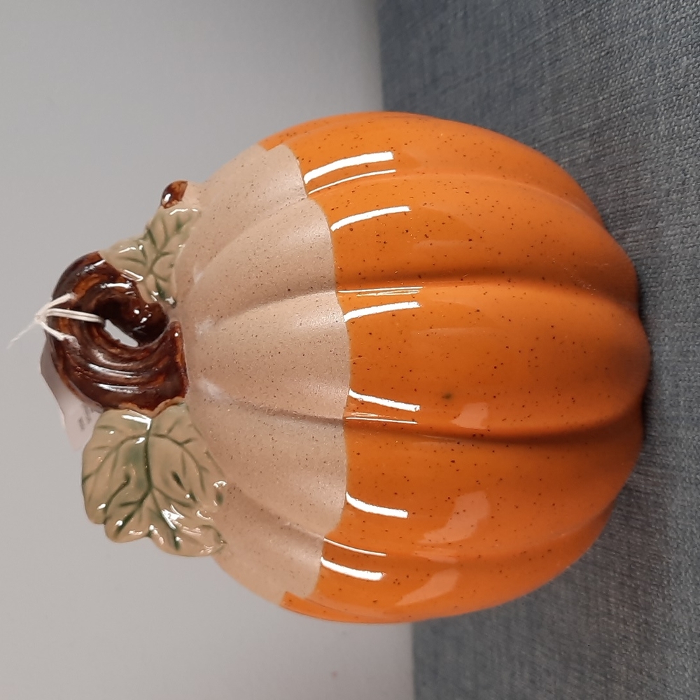 Ceramic Pumpkin Figure Tabletop Decor Fall Harvest Half Glazed Orange Na…